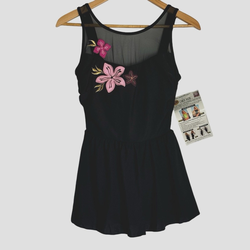 CAROL WIOR One Piece Built In Sheer Overlay Skirt Black Swimsuit Sz 8 new